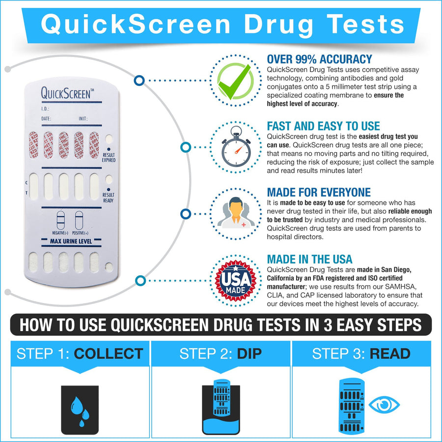 (25 Pack) 12 Panel QuickScreen Dip Card - 9402 - AMP, BAR, BZD, BUP-10, COC-300, MDMA, MET-500, MTD, OPI-300, OXY-100, PCP, THC + Timer-Countrywide Testing